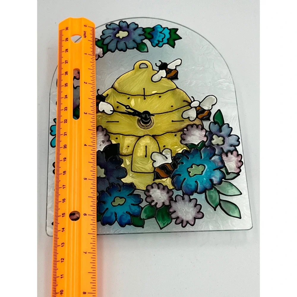 Glass Beehive Clock Floral‎ Design Tabletop Desk Accent Yellow Blue